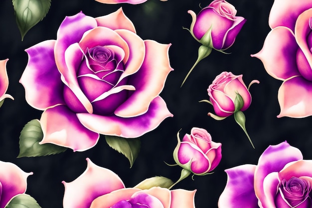 Um fundo preto com rosas e folhas rosa e roxas