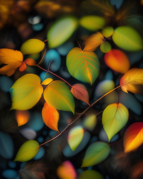 Um galho de folhas com as cores das folhas da árvore ao fundo.