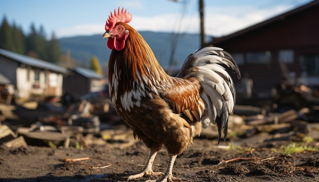 Um galo majestoso está em um prado rural gerado por inteligência artificial