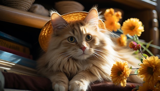 Foto grátis um gatinho bonito sentado ao ar livre olhando para uma flor gerada por inteligência artificial