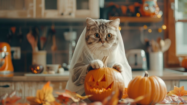 Um gato bonito vestindo um traje de Halloween.