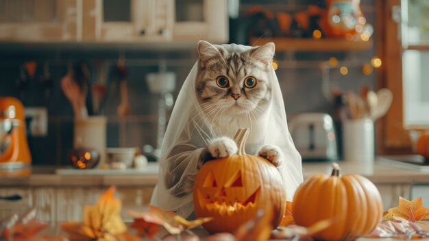 Um gato bonito vestindo um traje de Halloween.