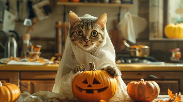 Um gato bonito vestindo um traje de Halloween.