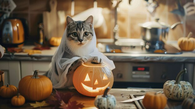 Um gato bonito vestindo um traje de Halloween.