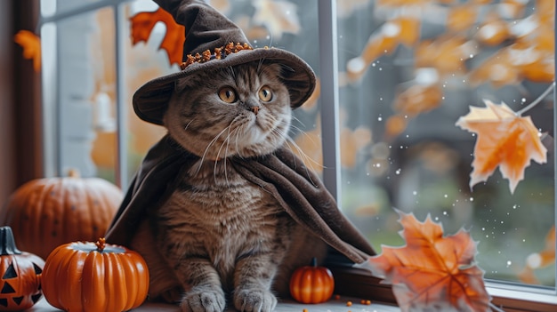 Um gato bonito vestindo um traje de Halloween.