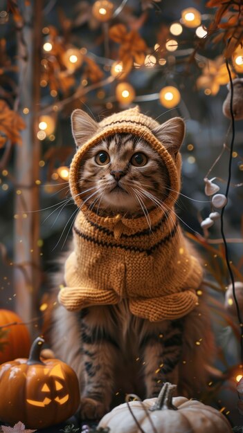 Um gato bonito vestindo um traje de Halloween.