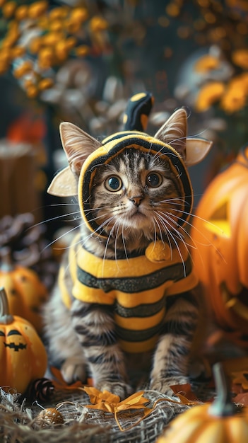 Um gato bonito vestindo um traje de Halloween.