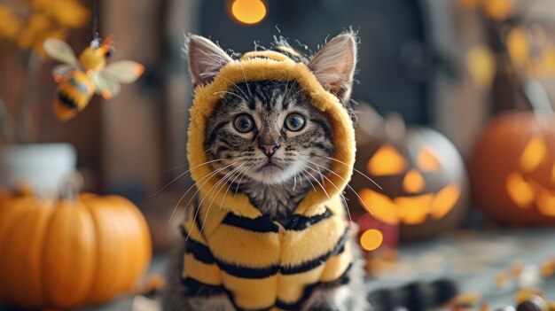Um gato bonito vestindo um traje de Halloween.