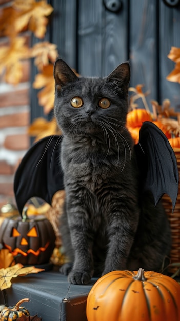 Um gato bonito vestindo um traje de Halloween.
