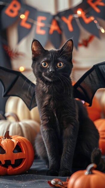 Um gato bonito vestindo um traje de Halloween.