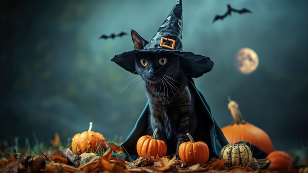 Um gato bonito vestindo um traje de Halloween.