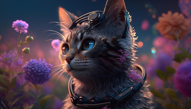 Um gato cibernético com flores elétricas gigantes no Sunrise Generative AI