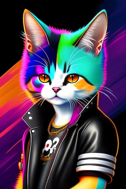 Foto grátis um gato em uma jaqueta de couro preta com um gato colorido do arco-íris nele.