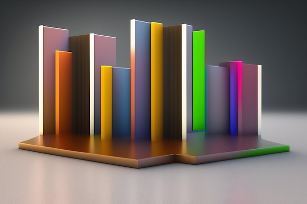 Um gráfico de barras colorido está sobre uma mesa com um fundo escuro.