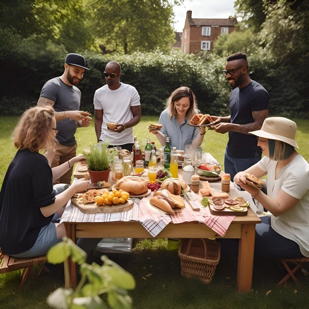 Um grupo de amigos a fazer um piquenique no jardim estão sentados a uma mesa com comida e bebidas.