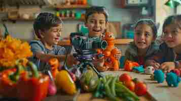 Foto grátis um grupo de crianças latinas rindo filmam uma animação em stop-motion em uma mesa de cozinha usando figuras de barro coloridas e vegetais como adereços colaborativos lúdicos