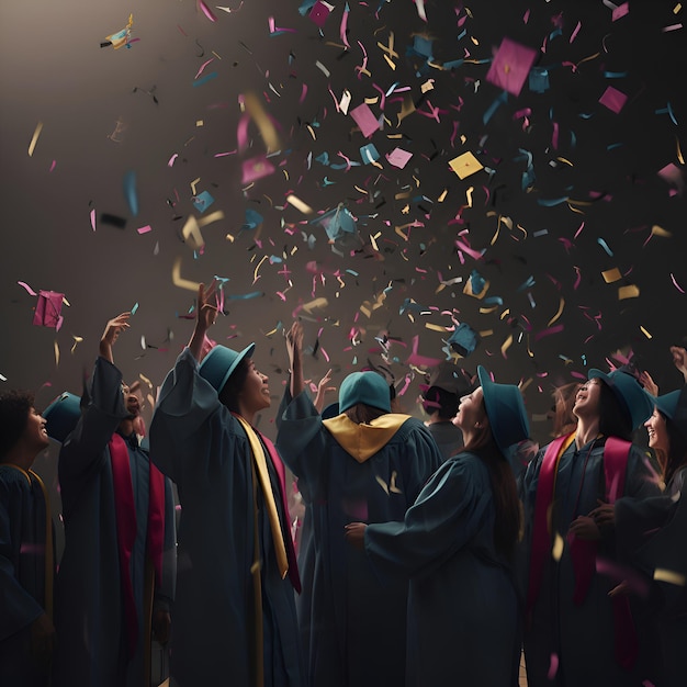 Foto grátis um grupo de estudantes de pós-graduação felizes a atirar confetes no ar.