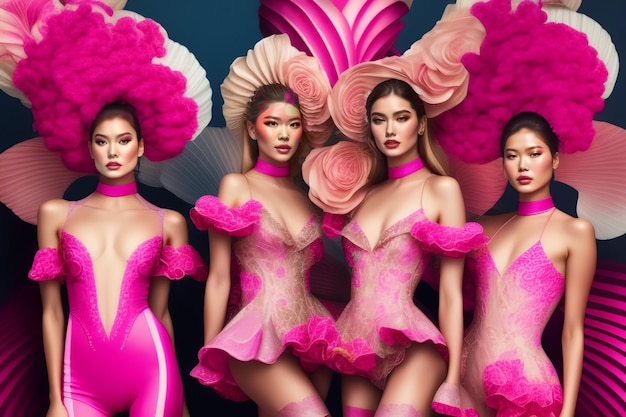 Um grupo de modelos em trajes rosa com uma grande faixa de penas rosa.