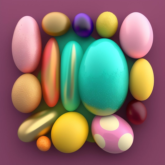 Um grupo de ovos coloridos está sobre um fundo roxo.
