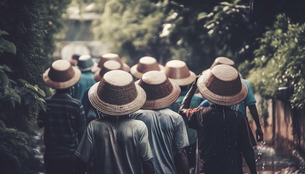 Um grupo de pessoas com chapéus de palha caminha em fila.