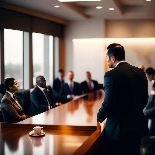 Um grupo de pessoas está sentado ao redor de uma mesa, uma delas está vestindo um terno.