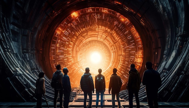 Foto grátis um grupo de pessoas fica na frente de um túnel que diz 'the tunnel'