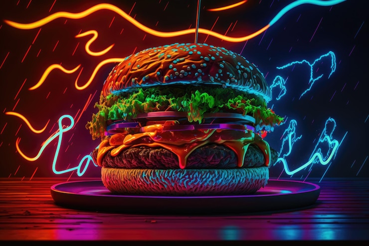 Foto grátis um hambúrguer com um sinal de néon que diz 'burger' nele