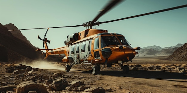Um helicóptero aterra no deserto.