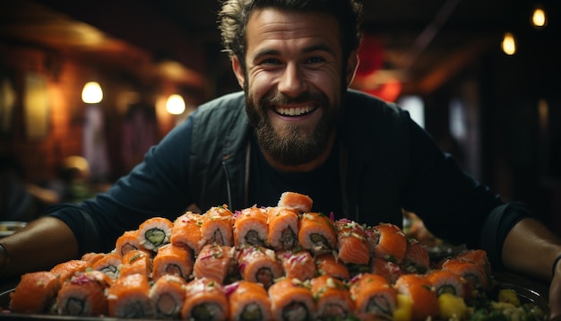 Um homem alegre segurando um prato de frutos do mar gourmet sorrindo gerado por inteligência artificial