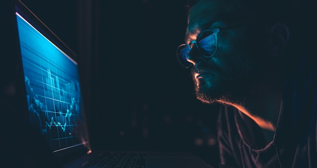 Um homem analisando dados financeiros de gráficos do mercado de ações em uma placa eletrônica