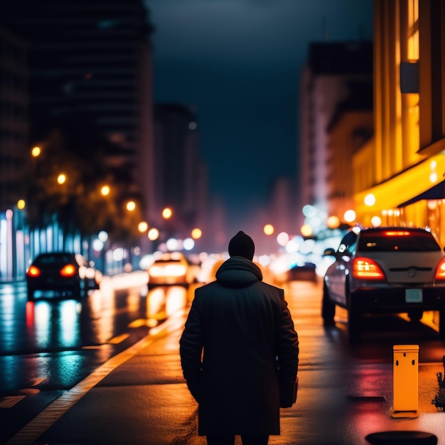 Um homem andando por uma rua chuvosa em uma cidade à noite.