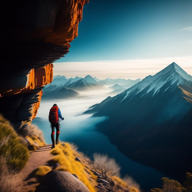 Um homem caminha por um vale montanhoso com uma montanha ao fundo.