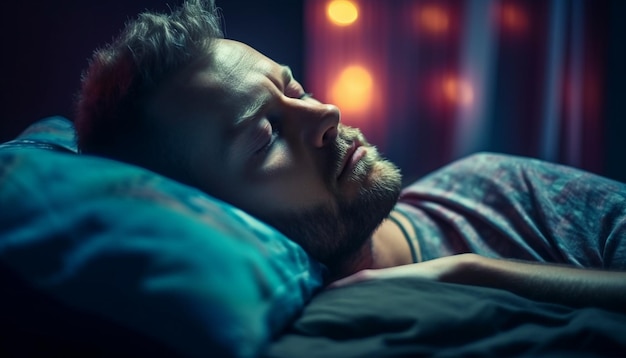 Um homem cansado dormindo pacificamente na cama gerada por ia