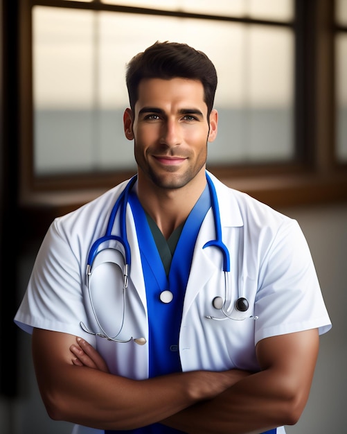 Um homem com um estetoscópio na camisa está sorrindo.