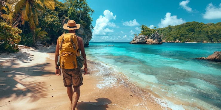 Foto grátis um homem com uma mochila passeando pela praia sob nuvens fofas