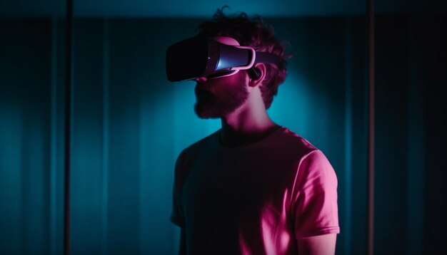 Um homem concentrado jogando jogos virtuais futuristas gerados por IA