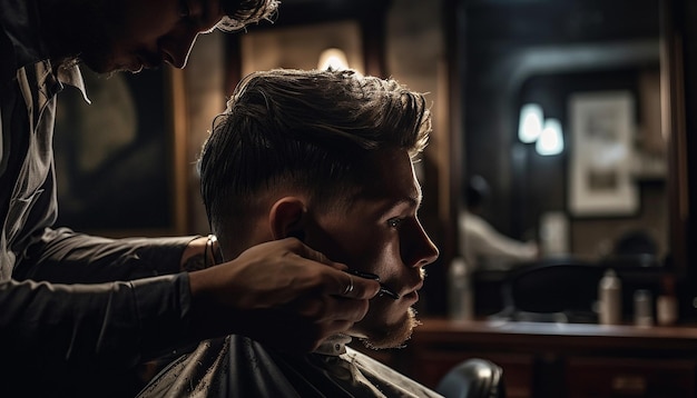 Um homem cortando o cabelo em uma barbearia