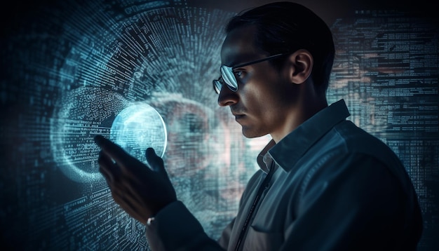 Foto grátis um homem de óculos segura uma esfera em frente a uma tela que diz 'o futuro da tecnologia'
