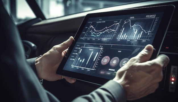 Foto grátis um homem de terno está segurando um tablet na frente de um carro com um gráfico nele.