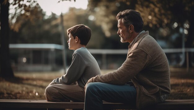 Um homem e um menino estão sentados em um banco em frente a uma árvore e o sol está brilhando.