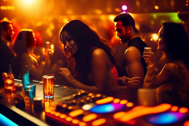 Foto grátis um homem e uma mulher estão sentados em um bar com um dj tocando música.