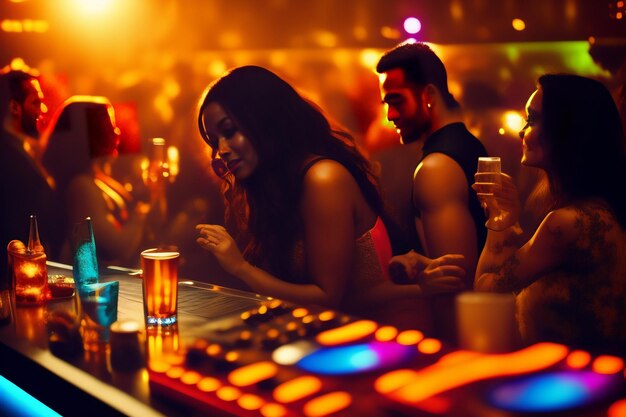 Um homem e uma mulher estão sentados em um bar com um DJ tocando música.