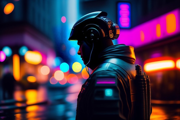 Um homem em um terno futurista está parado na rua em frente a um letreiro de néon que diz cyberpunk.