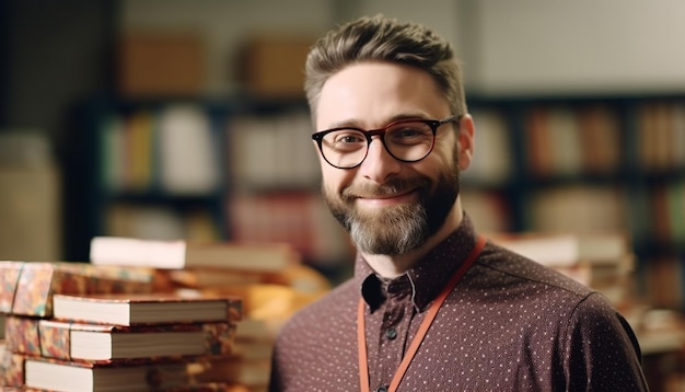 Um homem está em frente a pilhas de livros em uma biblioteca.