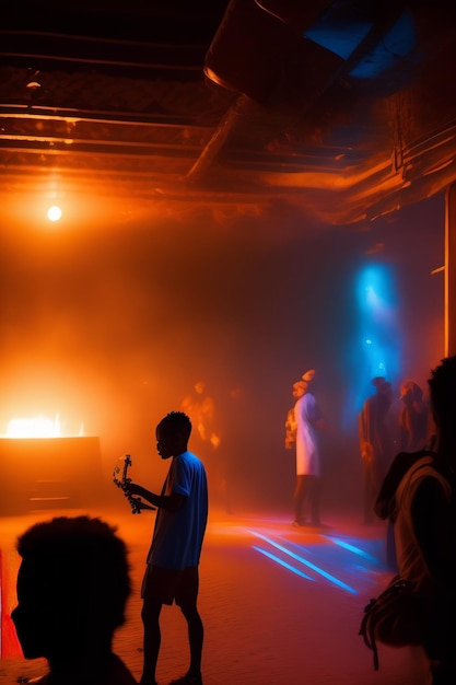 Foto grátis um homem está em frente a uma sala iluminada com uma fogueira acesa ao fundo.