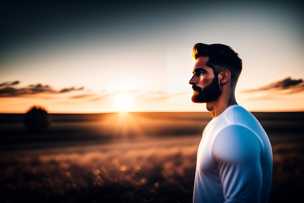 Um homem está em um campo com o sol atrás dele.