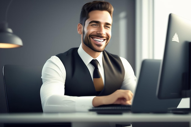 Foto grátis um homem está sentado em uma mesa com um laptop na frente dele.