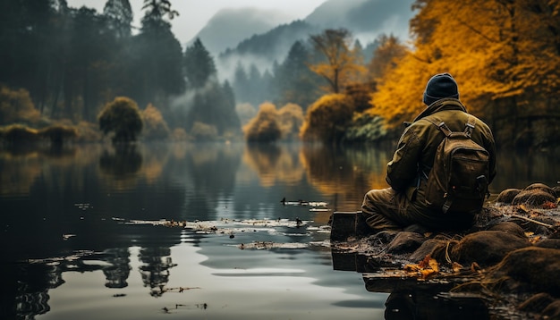 Foto grátis um homem pescando em uma floresta de outono tranquila junto à lagoa gerada pela inteligência artificial