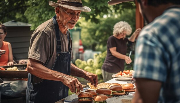 Foto grátis um homem prepara comida em uma mesa de piquenique.