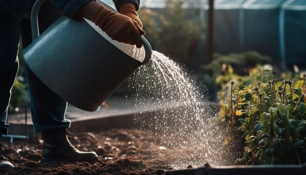 Um homem pulverizando água em plantas em crescimento geradas por IA